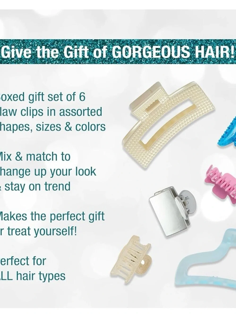 Scunci by Conair 6-Piece Claw Clip Gift Set - Pastel Blue, Pink & Gold